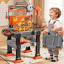 2 in 1 Workbench Toys for Toddlers 3-5, Kids Tool Bench Set with Electric Drill and Realistic Tool, Pretend Play Toolbox, Birthday Gifts for Boys Age 3 4 5 6 7 8 Year Old (Red)