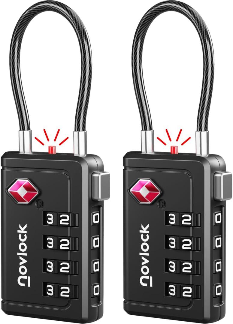 TSA Approved Luggage Locks | Inspection Indicator, 4-Digit Combination, Durable Zinc Alloy | for Suitcases, Backpacks, Travel Bags | Black, 2-Pack