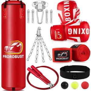 Prorobust Punching Bag for Adults, 4ft PU Heavy Boxing Bag Set with 12OZ Gloves for MMA Kickboxing Boxing Karate Home Gym Training (Unfilled) (Red)