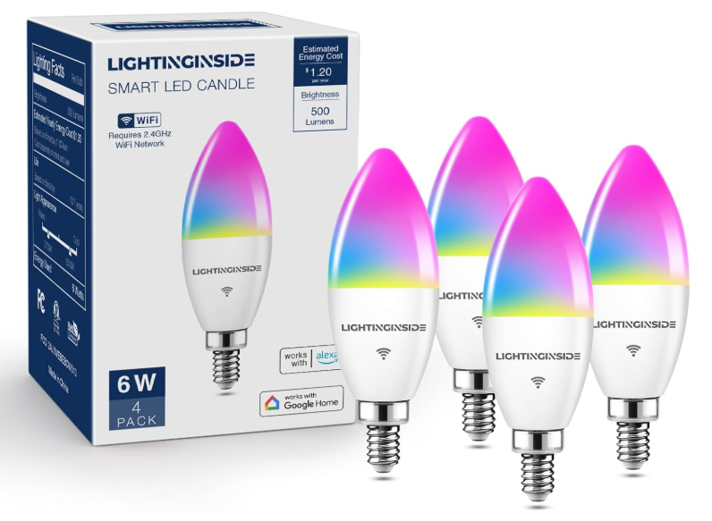 Lightinginside E12 Smart Light Bulbs 60W Equiv., Work with Alexa/Google Home/SmartLife, 500LM 6W RGBCW Candle Candelabra LED Light Bulbs, No Hub Required, 2.4G WiFi Bluetooth Bulb, ETL Listed, 4PCS