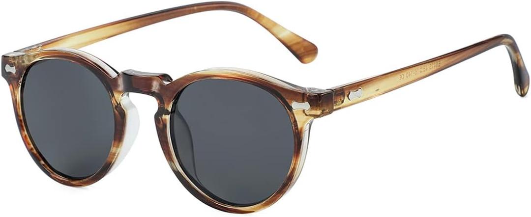 Gleyemor Vintage Polarized Sunglasses for Men Round Sunglasses UV400 Protection Retro Hand-crafted Acetate Frame (Amber Stripe Frame/Grey Lens)