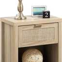 SICOTAS Rattan Night Stands, Farmhouse Nightstand Boho End Side Table Bedside Table with Drawer and Open Shelf for Bedroom, Light Oak