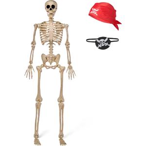 JOYIN 5 FT Halloween Posable Skeleton Life Size, Full Body Moveable Joints Pirate Skeleton with Eye Patch & Bandana, Halloween Decoration Outdoor Skeletons for Haunted House, Spooky Scene Theme Party