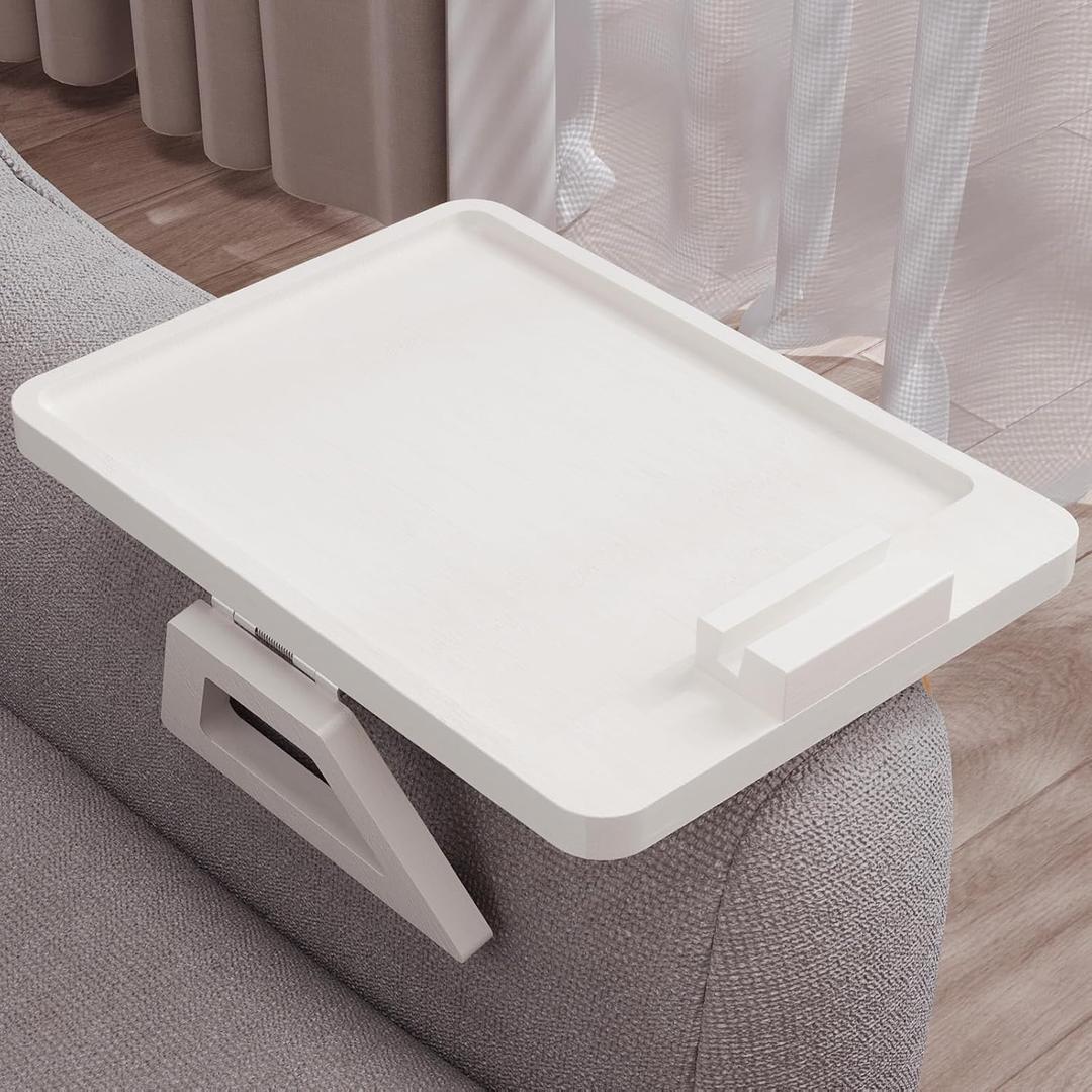 Couch Arm Tray with 360°Phone,Bamboo Folding Sofa Tray,Sofa Armrest Trays Clip-On Couch Desk for Drinks,Snacks,Phone,Remote Control（White）3.0" x 9.4"Phone Holder
