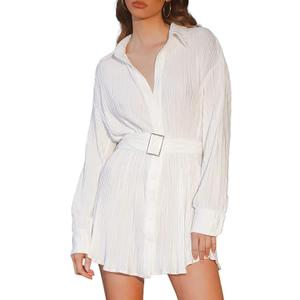 Women Shirt Dresses Long Sleeve Pleated Mini Dress Casual Button Down Tunic Tops with Belt Vintage Streetwear, (Small)