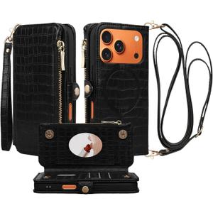 Crossbody Wallet Case for iPhone 17 Pro with Mirror, Wrist Strap, Zipper Purse Magnetic Flip, RFID Blocking Card Holder, Wireless Charging, PU Leather Shockproof 6.3" Women (Black)