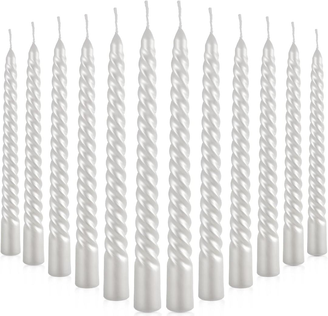 BBTO 12 Pcs Christmas Advent Spiral Candle Unscented Metallic Taper Candles Dripless Twist Candles Metallic Dinner Birthday Candle for Home Birthday Wedding Party Holiday Decor (White, 8 Inch)