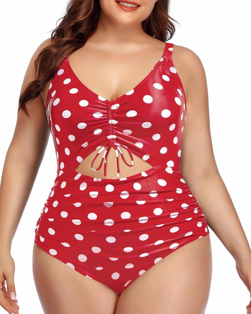 Daci Women Plus Size Cutout One Piece Swimsuits Tummy Control Bathing Suits V Neck Monokini Swimwear (Red and Dot) 18w