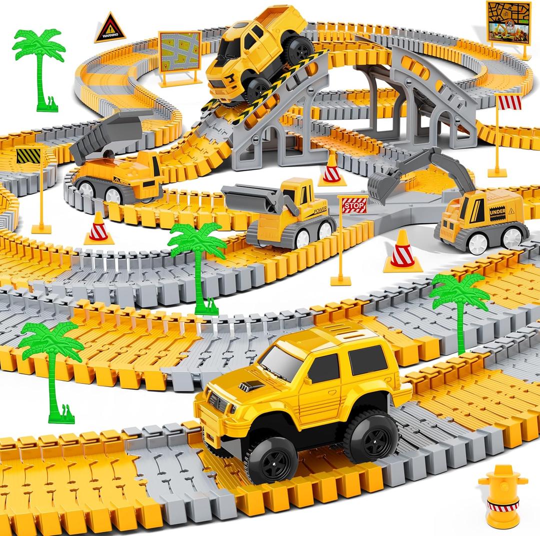 Kids Toys 253 PCS Construction Race Tracks Toy for 3 4 5 6 7 8 Year Old Boys Girls, 5 PCS Construction Truck Car and Flexible Track Play Set Create A Engineering Road Games Toddler Toys Birthday Gifts