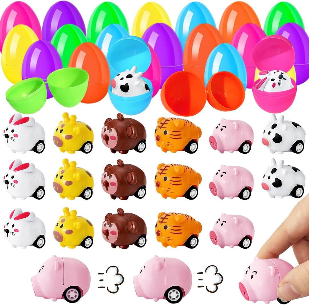 Niurewan 30Pcs Easter Eggs with Pull Back Car Toys,Mini Little Animal Vehicles Car Toys for Toddler Boy Girl,Plastic Easter Eggs Filler Gift for Goodie Bag Fillers