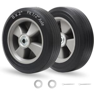 GICOOL 8" x 2" Solid Rubber FlatFree Tire and wheel, with Ball Bearings and 1/2” Axle Bore Hole, 2" Offset Hub, For Hand Truck Dolly Trolley Garden Wagon Cart Generator Replacement Tire, 2 Pack