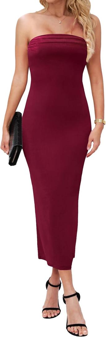 MANER Women's Strapless Bodycon Maxi Tube Dress Ribbed Elegant Casual Long Party Dresses (Purple, M)