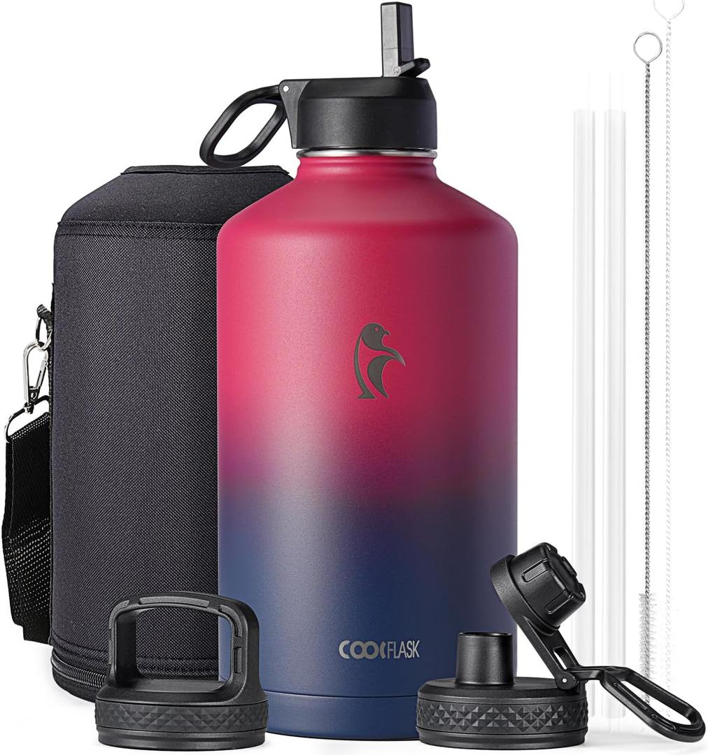 Coolflask 128 oz Gallon Water Bottle Insulated with Straw&3 Lids, Water Jug Large Stainless Steel Metal Vacuum Wide Mouth for Sports, Gym or Office, Non-BPA Keep Cold 48H Hot 24H, Ombre Wine/Navy