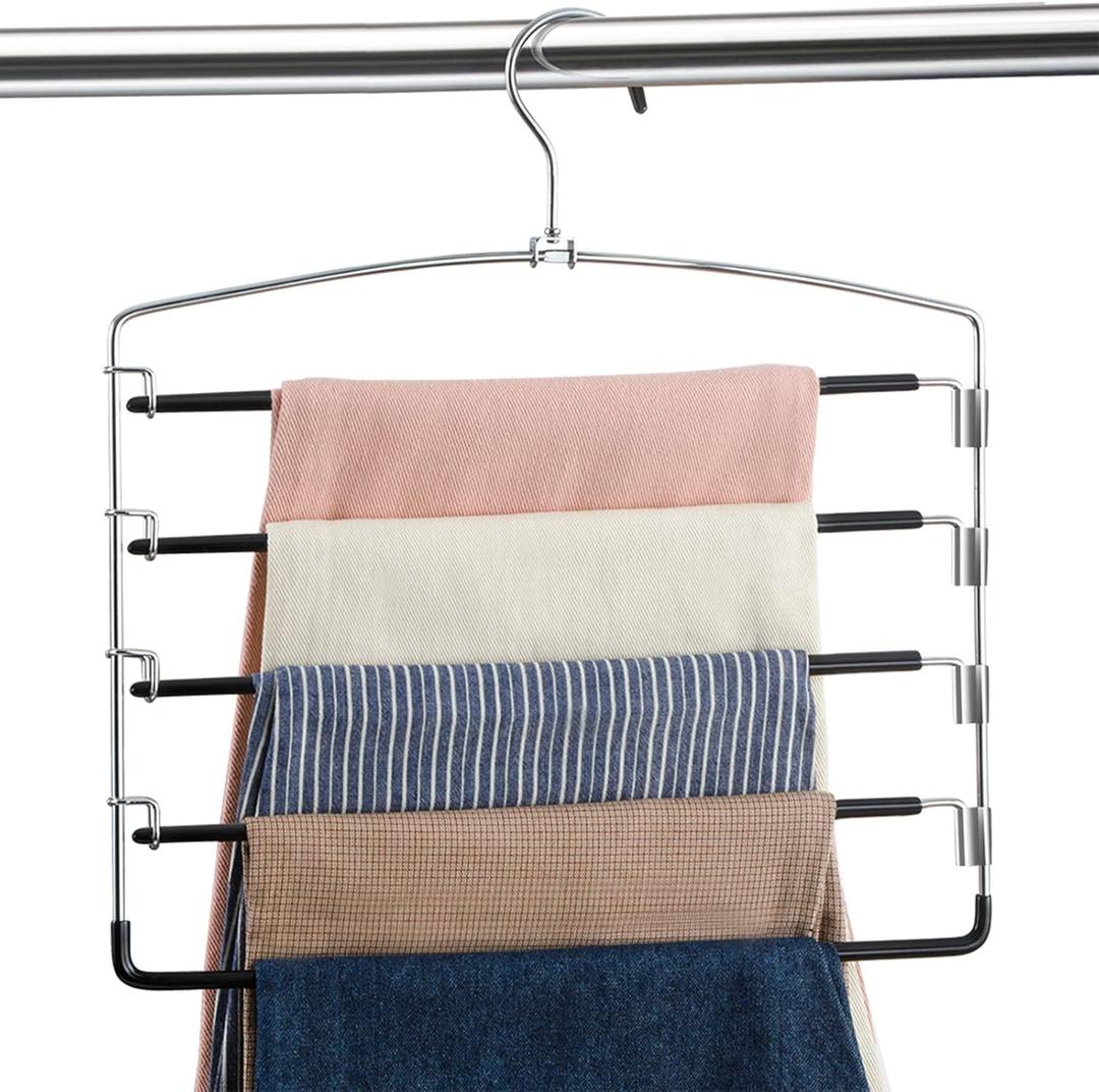 FeeraHozer Pants Hangers Non Slip 6 Pack Space Saving Hangers Multi-Layer Swing Arm Pants Hanger Stainless Steel Space Saver Hanger for Jeans Scarf Trouser Towel Clothes (Black) (Black-6 Pack)
