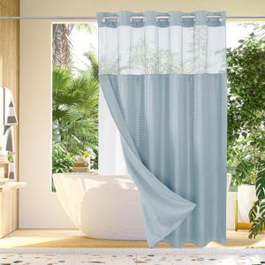 Gibelle Long Shower Curtain 72x80, Waffle Weave Bathroom Shower Curtain with Snap-in Fabric Liner Set, No Hooks Needed, Hotel Style with Mesh Top Window, Fog Blue