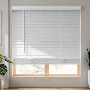 MYshade 2" Cordless Faux Wood Blinds, 28" W x 60" H, Slat Horizontal Blinds with Crown Valance, Room Darkening, Moisture Resistant, Window Blinds for Home Interior, White