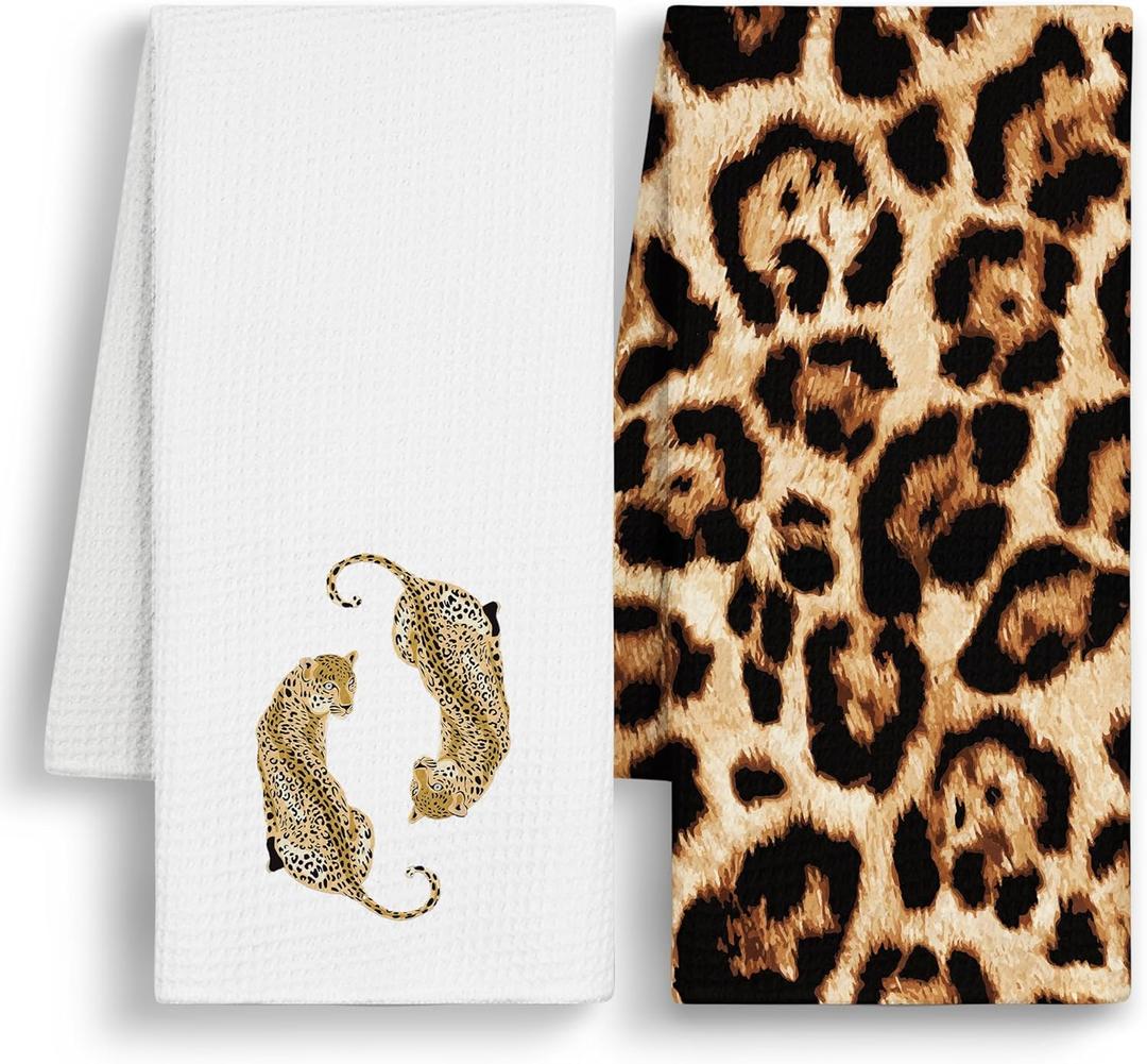 Funky Leopard Hand Towels for Girls Bathroom Dorm, Cheetah Leopard Print Bathroom Decor, Trendy Modern Cheetah Print Decorative Kitchen Dish Tea Towels, 16x24 Inch Set of 2
