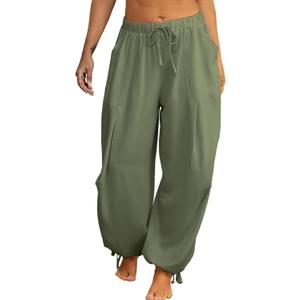 Women's Linen Balloon Barrel Beach Pants Boho Harem Flowy Drawstring Casual Loose Pants with Pockets (Green, M)