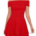Kaximil Women's Off The Shoulder Mini Dress Ruffle Hem Ruched Corset Short Cocktail Party Dresses, Large, Red