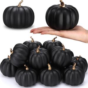 Liliful 12 Pack 4 Inch Fall Harvest Black Artificial Pumpkins Crafts Rustic Decorative Pumpkin Foam Pumpkins Decoration for Halloween Thanksgiving Wedding Dining Table Centerpiece Decorating
