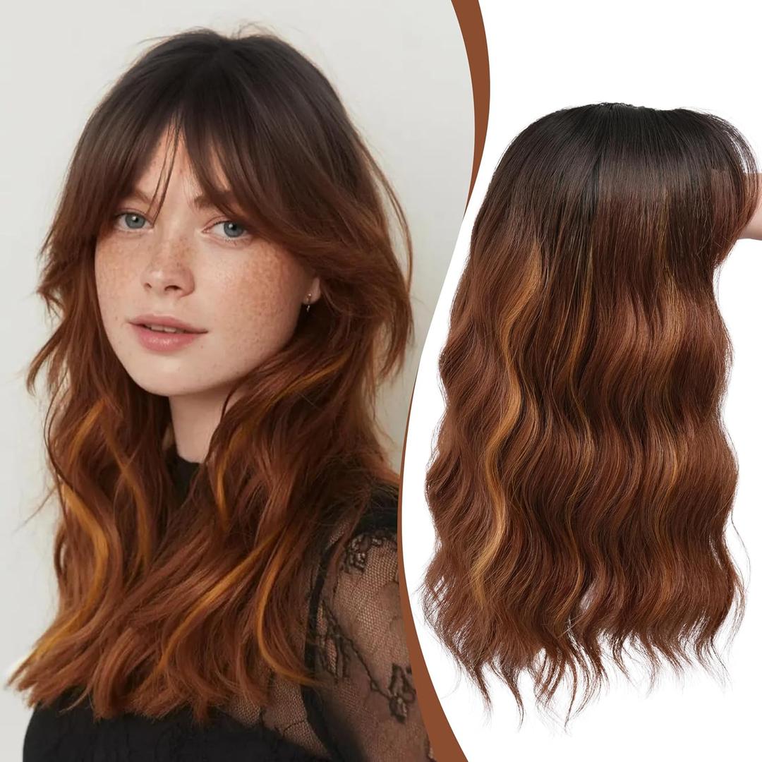 Hair Topper with Bangs 16 Inch Red Brown Balayage Synthetic Wavy Hair Toppers for Women 6.5"x6.5" Big Base Invisible Wiglets Hairpieces for Women Daily Wear