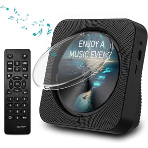 CD Player Bluetooth Desktop CD Player with Speakers for Home Portable Music CD Players with RC, LED Display, FM Radio, Timer, Support Headphone/USB/TF/AUX Playback (Black)