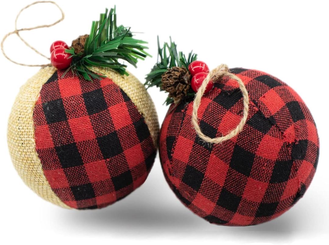 Christmas Ball Ornaments, Rustic Buffalo Plaid Christmas Tree Ornaments, Natural Jute Farmhouse Decorations for Xmas Tree, Holiday, Party (3 Pieces)
