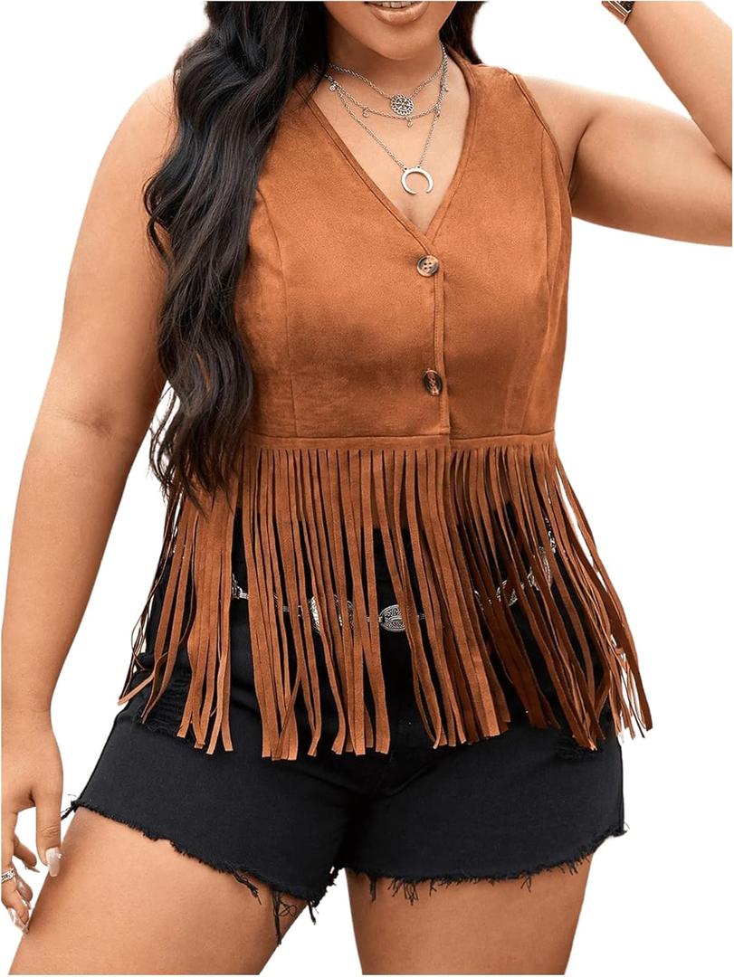 Women's Plus Size Fringe Trim Hem Jacket Sleeveless V Neck Button Front Vintage Jackets 70s Outfits (XX-Large Plus, Brown) Women's Plus Size Fringe Trim Hem Jacket Sleeveless V Neck Button Front Vintage Jackets 70s Outfits (XX-Large Plus, Brown)