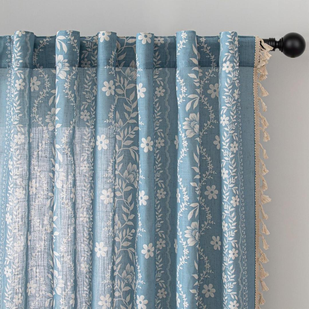 MYSKY HOME Boho Farmhouse Floral Curtains 63 Inch for Bedroom Living Room Kitchen Linen Blend Semi Sheer Vintage Bohemian Drapes with White Tassel Rod Pocket, Pack-2, 50" Wide, Dusty Blue