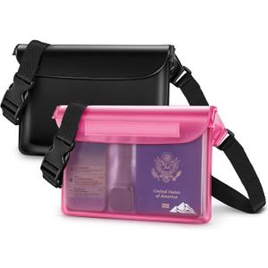 HEETA Waterproof Fanny Pack, Waterproof Pouch Dry Bag 2 Pack for Phone Passport Purse, Adjustable Waist Strap for Swimming Kayaking Boating Paddle Board Accessories Cruise Beach Camping Essentials (Black & Pink)