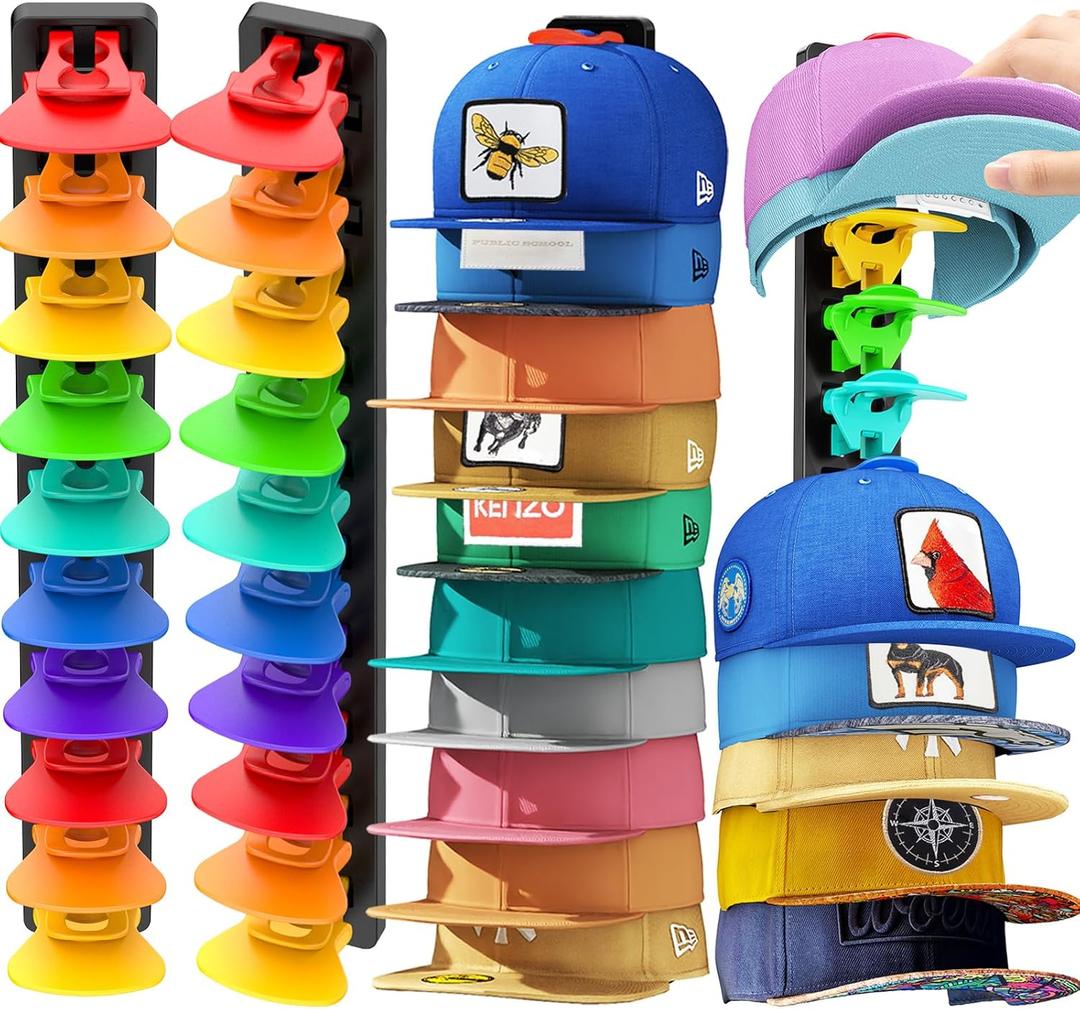 2 x Hat Organizer for Baseball Caps 2 Pack, Adhesive Hat Rack for Wall,Baseball Cap Organizer(Rainbow)