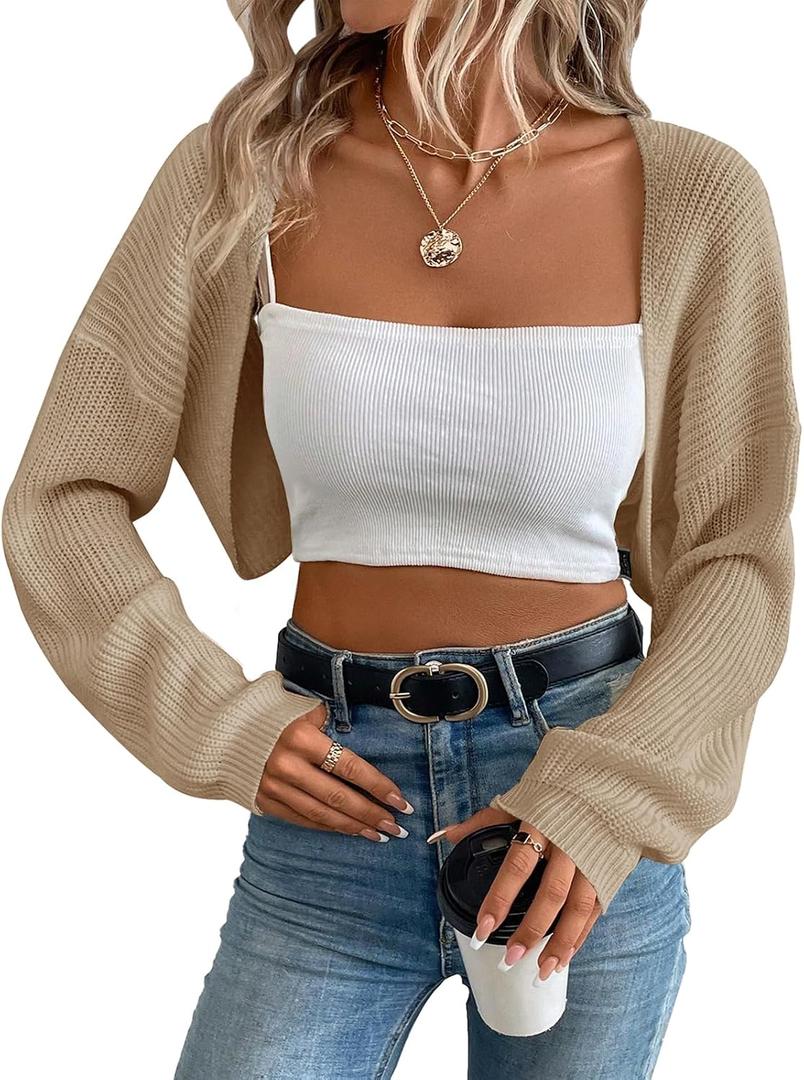 Women's Cardigan Shrugs Long Sleeve Knit Cropped Bolero Shrug Open Front Casual Cardigans for Dresses (Beige, L)
