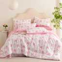 Pink Bow Comforter Set Queen Size Pink Floral Comforter for Girls Kids Romantic Princess Style Bowknot Bedding Set Ultra Soft Reversible Garden Flower Comforter Sets with 2 Pillowcases 3Pcs