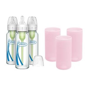 Dr. Brown's Anti-Colic Options+ Narrow Glass Baby Bottles 8 oz/250 mL, with Level 1 Slow Flow Nipple, 3 Pack 0m+ with Pink 100% Silicone Sleeves, BPA-Free