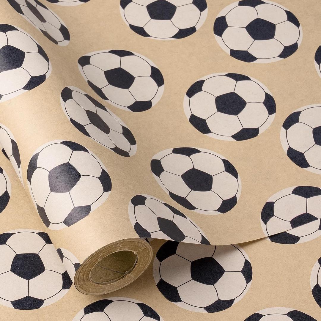 RUSPEPA Football Wrapping Paper Roll for Men Boys Kids, Mini Roll, Black and White Soccer Ball Design Kraft Gift Wrap for Birthday, Game Day, Sports Party, 17 Inches x 16.4 Feet