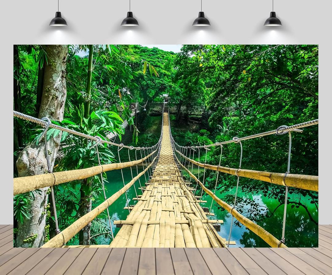 7x5ft Green Forest Backdrop Philippines Tropical Forest River Bamboo Bridge Background Woods Nature Theme Hiking Camp Party Decor Photo Booth Photo Studios Props Wallpaper (B1-2198)