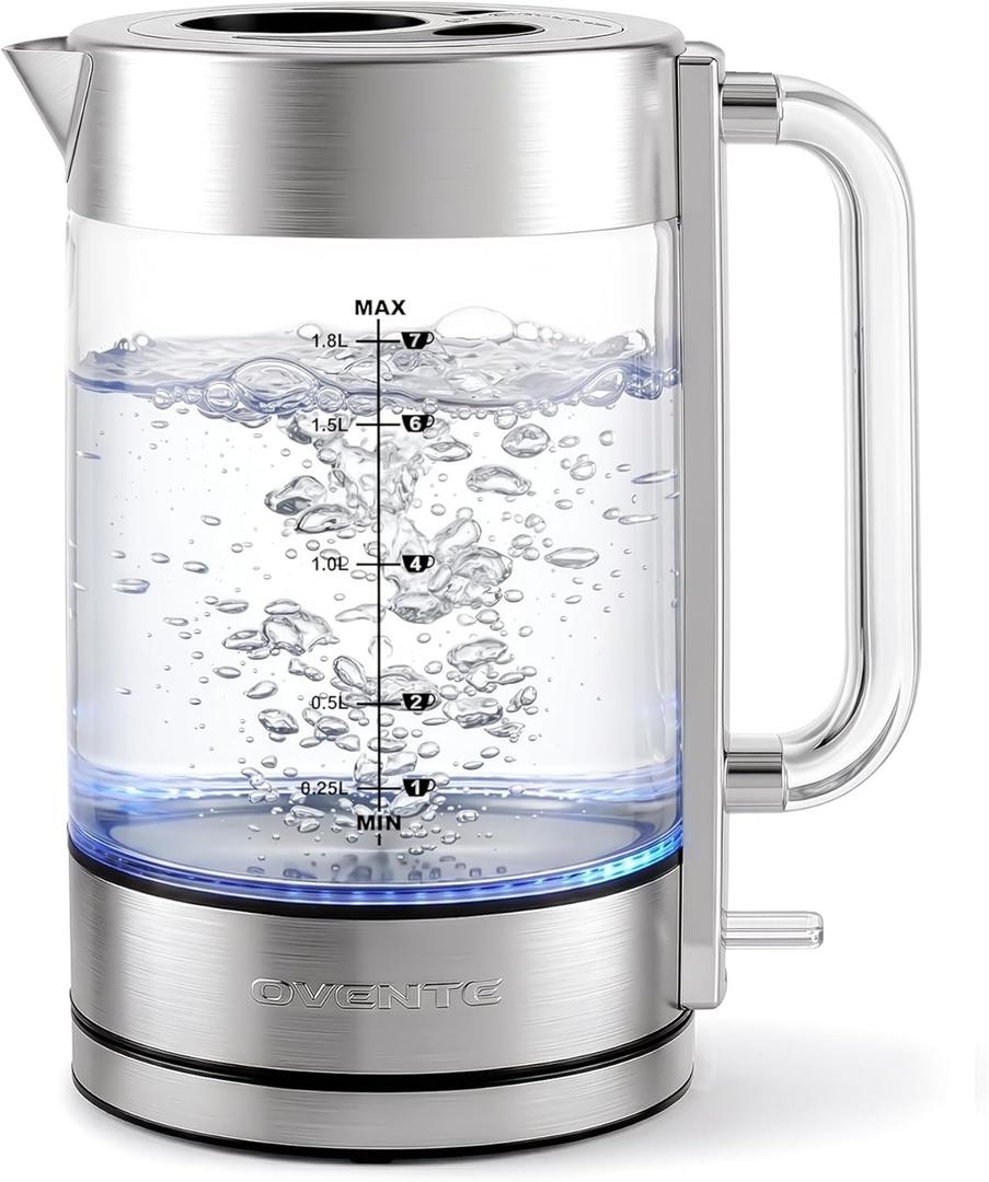 OVENTE Electric Kettle, 1.8L Tea Kettle Cordless with Borosilicate Glass Water Boiler, Stainless Steel Base, Acrylic Handle, 1500W Fast Boil Electric Kettle, Easy Fill Lid, Auto Shutoff, Silver KG911S