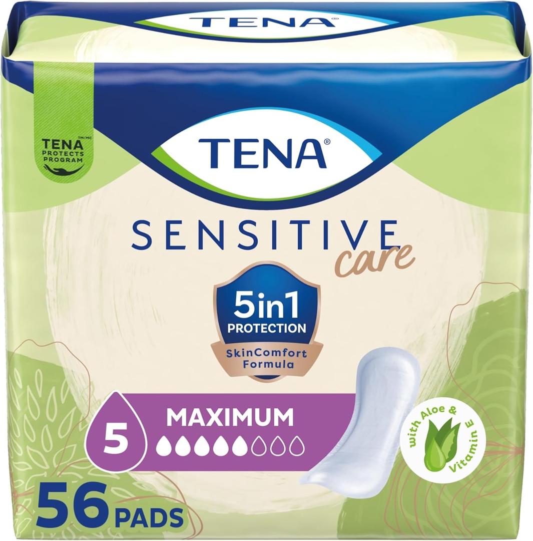 TENA Sensitive Care Incontinence Pads, Bladder Control & Postpartum for Women, Maximum Absorbency, Regular Length, 56 Count
