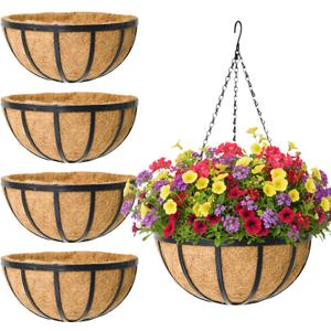 4 Pack 14 Inch Round Hanging Basket with Coco Liners， Metal Hanging Baskets for Plants Outdoor， Hanging Planter with Chain Garden Products for Outdoor, Porch, Lawn, Garden