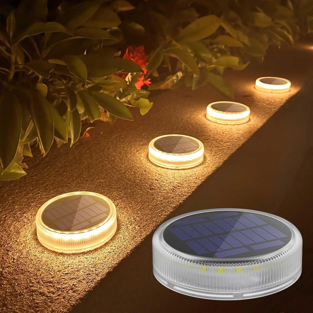 Lacasa 4-Pack Solar Deck Lights Outdoor Waterproof LED, Garden Step Lights Solar Powered Driveway Dock Lights Marine, Dusk to Dawn Lighting for Yard Patio Pathway, Round, Warm White