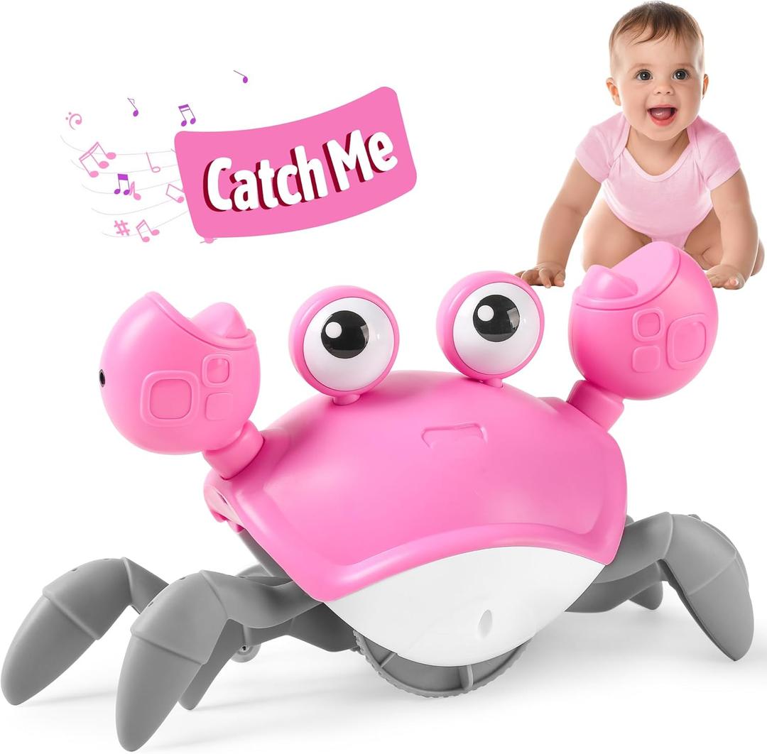 Hirger Crawling Crab Baby Girl Toy: Tummy Time Toys for Infant 3 6 9 12 18 24 36 Months, Pink Walking Dancing Sensing Crab for Toddler Age 1 2 3, 1st Music Birthday Gift for Girl