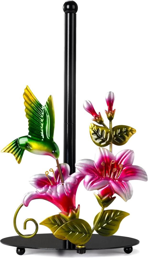 Flower & Hummingbird Decor Paper Towel Roll Holder Countertop - Farmhouse Kitchen Decor and Accessories, Hummingbird Housewarming Gifts for Women Mom Grandma, 3D Handmade Pattern, Weighted Base