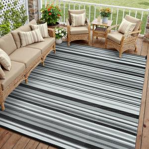 Outdoor Plastic Straw Rug Waterproof Patio 9x12 Black White Stripe Mat for Porch Camping RV Balcony Deck Courtyard Reversible Lightweight Durable Portable Carpet