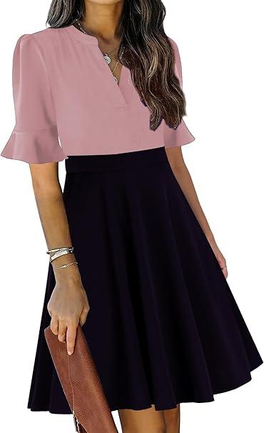 Mokayee Womens Summer V Neck Ruffle Short Sleeve Fit and Flare Knee Length Church Wedding Guest Dresses with Pockets, Size M