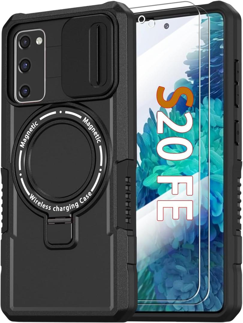 Magnetic Case for Samsung Galaxy S20 FE 5G with Ring Stand [Compatible with MagSafe Wireless Charging] [2X Screen Protector] Military Grade Heavy Duty Shockproof Case with Slide Camera Cover, Black