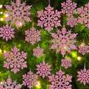 36pcs Christmas Light Pink Snowflake Ornaments Plastic Glitter Snow Flakes Ornaments for Winter Christmas Tree Decorations Size Varies Craft Snowflakes