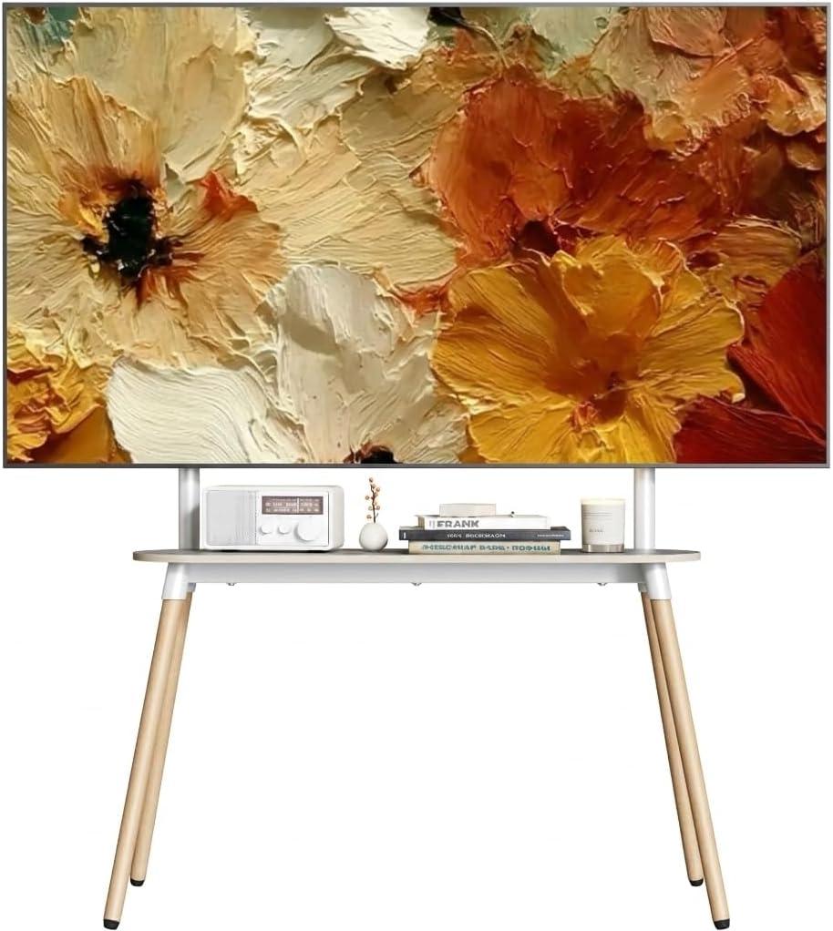 Easel Floor TV Stand with Storage for 49-86 inch TVs, Height Adjustable 4-Leg Universal TV Stand with Cable Management & Protective Pads, Holds 110 lbs for Living Room, Office, School, White