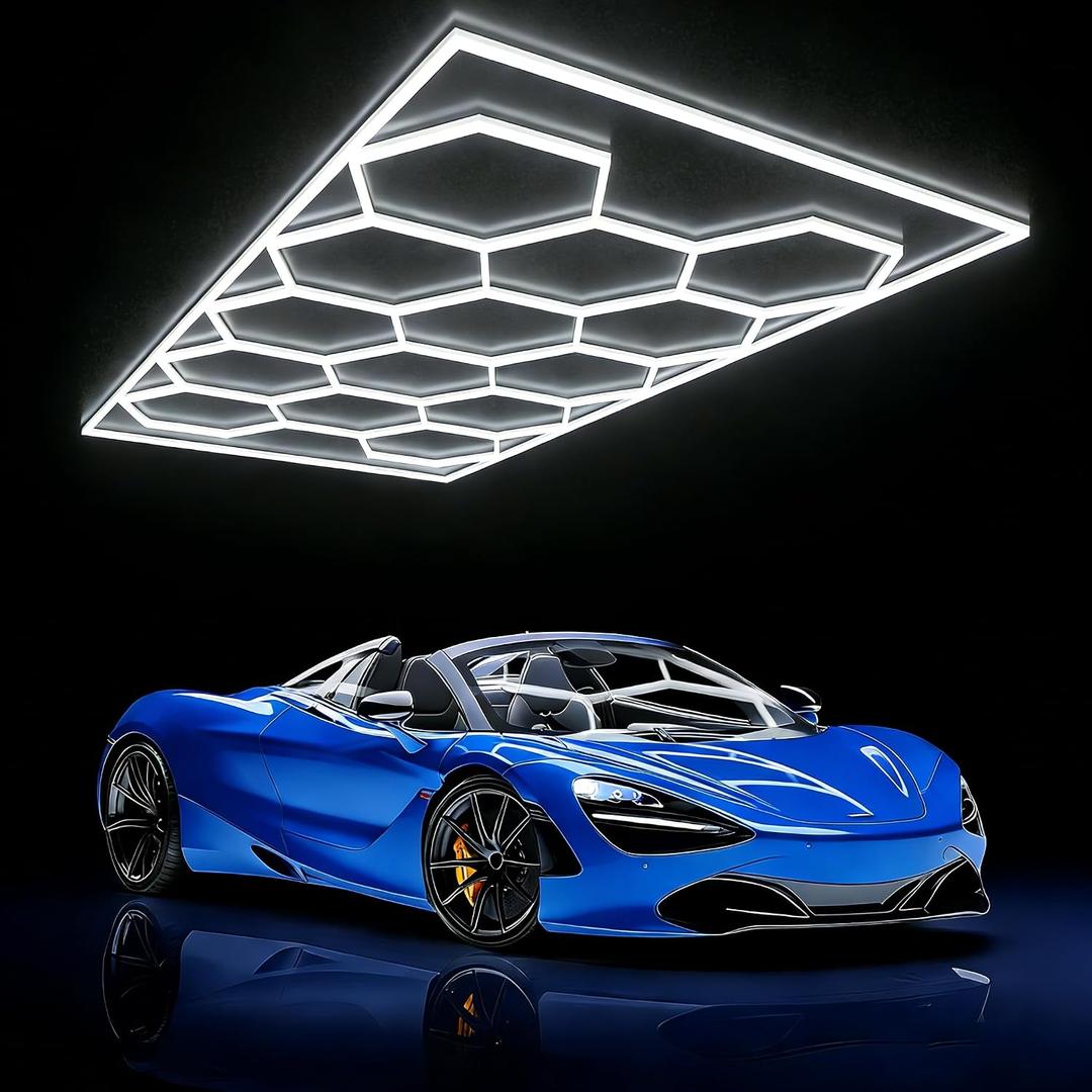 Hexagon Garage Lights 14 Hex with Rectangle Frame for Car Detailing | 600W 72000LM Super Bright, 5000K Honeycomb Hex Light, 14 Grids DIY for Garage, Gym, Basement Workshop Barbershop Car Care