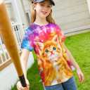 SunFoucs Girls Kids Shirts Size 5-12 Tie Dye Casual Tshirt Short Sleeve Crewneck Tee Top (9-10 Years, Cat 02)