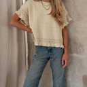 Yeokou Womens Short Sleeve Sweater Round Neck Ruffled Hem Knit Crochet Pullover Summer Fall Casual Top Blouse (Beige, XL)